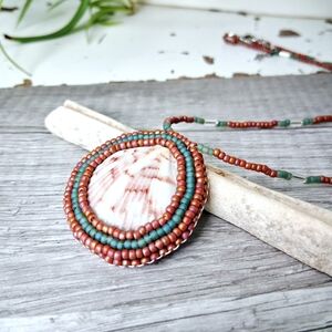 Handmade Shell Pendant Necklace In Green & Brown Beads